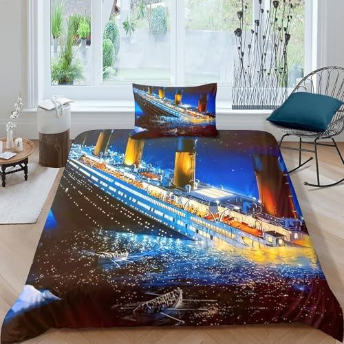 YVASPQRTW der Titanic Bettwäsche Set 3D Digitaldruck Weich Microfaser Mit Reißverschluss & Kopfkissenbezüge Für Erwachsene Kinder Vintage Schiff Bettbezug Single（135x200cm）