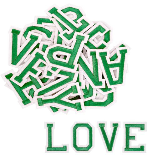 52Pcs Iron on Letters A-Z, Iron on Patches Alphabet Repair Patches for Clothes Jackets Shirts Hats Bags Jeans DIY Projects (Green)