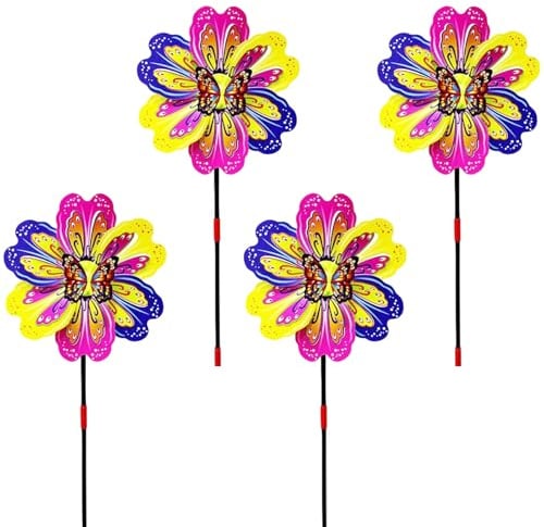 MOAZIFI 4er Set Windrad Garten, Windmühle Garten, Windmühle, 53 cm Bunte Blumen Schmetterling Windräder, Wetterfeste Gartendeko Für Balkon Terrasse Hof