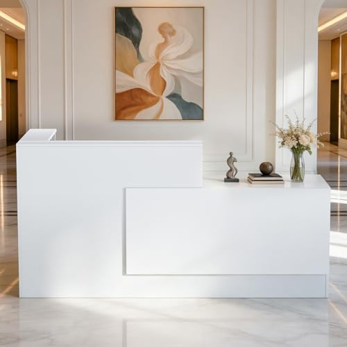 Vakiorn L-förmig Empfangstheke, 180CM x 107CM x 105CM Empfangstresen mit Ablagefächern & Schublade, Reception Desk für Büro, geeignet für Salons, Lobbys (Weiß, Linker Schrank)