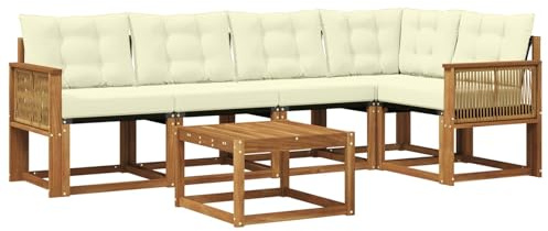 vidaXL Outdoor-Sofagarnitur mit Kissen 6 pcs Natur und Creme, Akazien Outdoor Sofa Set, modische Möbel für Terrasse, wetterfester Couch, entspannende Sitzgruppe im Garten