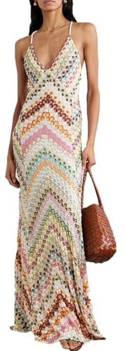 Langes Kleid mit Geometrischem Muster, Ärmellos mit Schmalen Trägern, Tiefer V-Ausschnitt, Im Rücken Gekreuzte Träger, Tief Ausgeschnittener Rücken, für Den Alltag und Zum Feiern