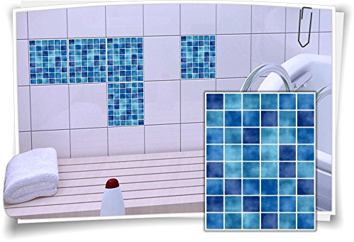 Fliesen-Aufkleber Fliesen-Bild Fliesen-Imitat Mosaik Blau Bad WC Deko Dekor Badezimmer Kachel Folie Digitaldruck, 12 Stück, 20x25cm
