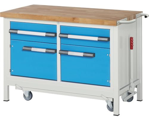eurokraft | Fahr- und absenkbare Werkbank | Gestellbauweise Serie 8000 | 2 Schubladen | 2 Türen | BxT 1250 x 700 mm