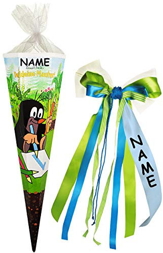 alles-meine.de GmbH Schultüte - Der kleine Maulwurf - Pauli - 85 cm - eckig - incl. Name und individueller großer 3-D Effekt Schleife - Tüllabschluß - Zuckertüte - mit/oh..