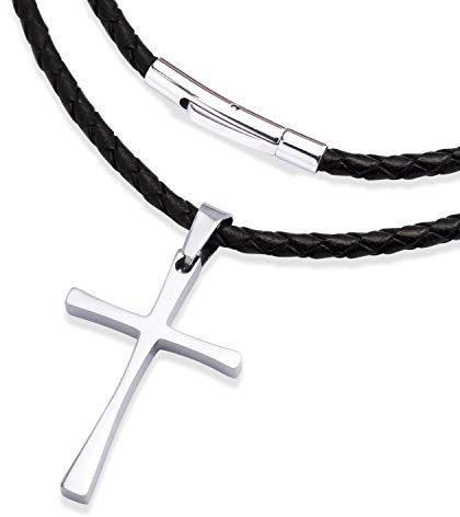 555Jewelry Stainless Steel Metal Cross Braided Rope Cord Unisex Women Men Religious Christian Prayer Vintage Fashion Jewelry Pendant Hanging Necklace, Silver & Black 18 Inch