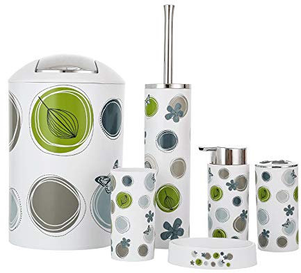 YRONG Printed Plastic Bathroom 4 Piece Set Green Round Toiletry Set Toilet Brush Waste Bin Soap Dish Tooth Brush Holder Hotel Supplies,Green
