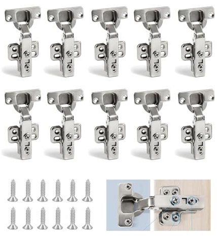 Youyijia 10Pcs Cabinet Hinges with 35 mm Screw 110 Degree Closing Hinge Cover Hinge Nickel-Plated for Kitchen Cabinet Wardrobe Door Bathroom