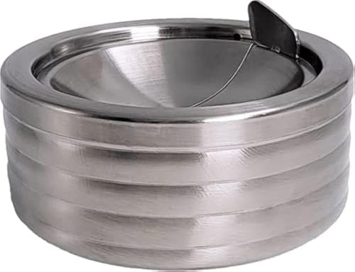 Grooved Silver Classic Metal Ashtray with a Lid for Cigarettes - Windproof Outdoor Ashtrays Can Patio Outdoor Indoor Decorative Fancy Ash Tray