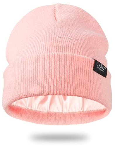 Satin gefütterte Winter Beanie Hüte für Frauen Strickuhr Hut mit Seide Futter Unisex Solide Schädel Kappe, Pink, Einheitsgröße