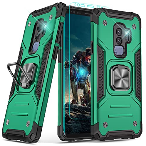 YmhxcY Compatible with Galaxy S9 Plus Case, with 3D Curved Screen Protector,Armor Grade Cases with Rotating Holder Kickstand Non-Slip Hybrid Case For Samsung Galaxy S9Plus KK Dark Green