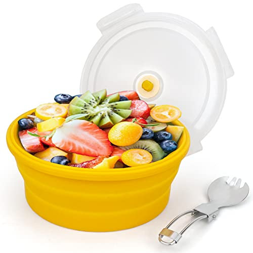 Lunbengo 1200ml Large Collapsible Bowl With Lid, Camping Bowl with Foldable Spoon, Silicone Bento Box For Meal Prep & Food Storage, Microwave Safe, Orange