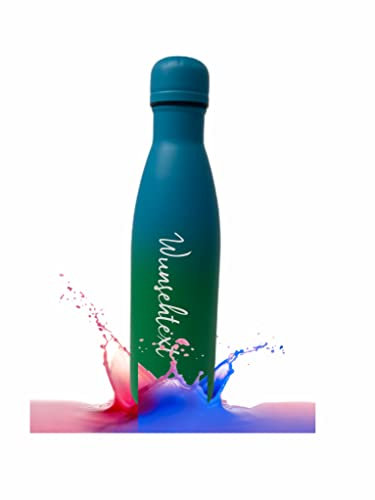 Personalisierbare Trinkflasche aus Edelstahl | Perfekter Begleiter für Sport, Schule, Outdoor Aktivitäten | Lasergravur von Wunschtext und Wunschmotiv | 0,5 l (Blau-grün)