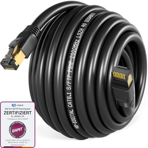 HB-DIGITAL Cable de red LAN CAT 8, 15 m, AWG 24 S/FTP LSZH 40 Gbps 2000 MHz, certificado GHMT, cobre puro con conector RJ45 chapado en oro para conmutador, router, módem, PC, color negro