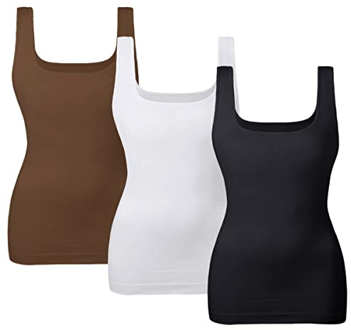 EUYZOU Women's 3PK Tummy Control Shapewear Tank Tops Seamless Square Neck Compression Tops Slimming Body Shaper Camisole-Black/White/Coffee L