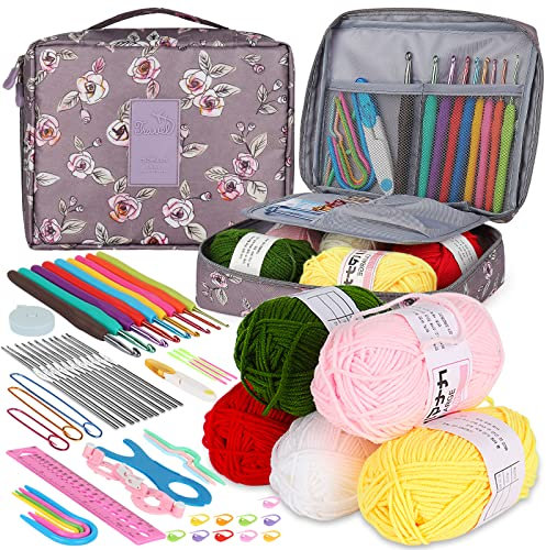 Aeelike Lila Rose Häkelset für Anfänger, 59 Stück Tragbar Häkelnadel Set mit Zubehör und Wolle, 0,6 mm - 6,0 mm Häkelnadeln Set enthält Edelstahl Spitzen Häkelnadeln, für Socken, Schals, Pullover