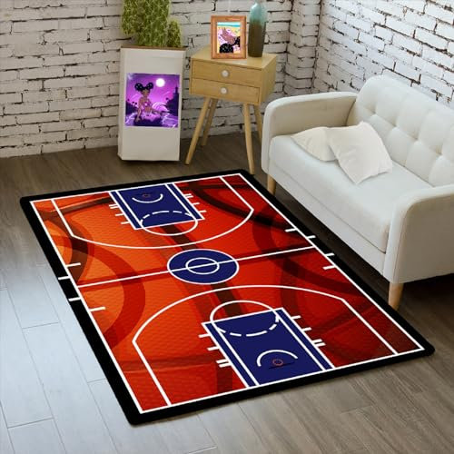 Basketball-Teppich, Basketball-Teppich für Jungenzimmer, Druck, Court, Sportbereich, Teppich für Wohnzimmer, Bodenmatten, Basketball-Raum-Dekor für Jungen, 60 x 90 cm