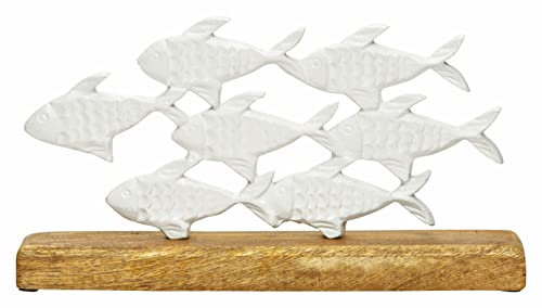 Spetebo Maritimer Deko Aufsteller Fischschwarm - 30 x 16 cm - Fische aus Metall mit Mangoholz Fuß - Tischdeko Ständer Fische auf Holz Standfuß
