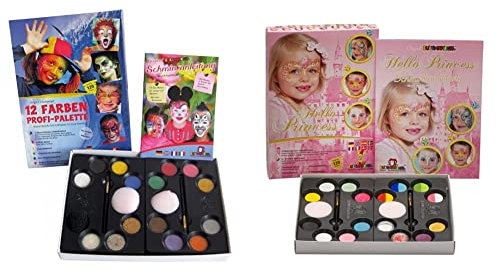 Eulenspiegel 212011 - Profi Schmink-Palette & 212073 - Hello Princess Schmink-Palette, 10 Profi-Aqua Farben, 4 Split Cakes, 2 Glitter, 2 Schwämme, 2 Pinsel, 1 Anleitung