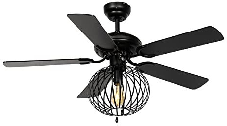 Qazqa - Industrie I Vintage I Deckenventilator mit beleuchtung schwarz mit Holzaufdruck 107,5 cm mit Zugschalter - Mistral Johanna I Wohnzimmer I Schlafzimmer - Stahl Rund - LED geeignet E27