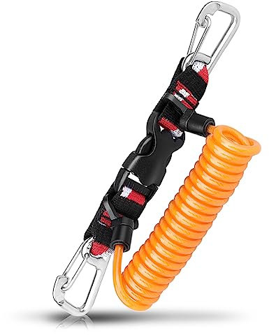 Scuba Retractable Lanyard, 316 Stainless Steel Double-Clips and Spiral Core Anti-Lost Lanyard with Quick-Release Buckle & Dive Down Flag Webbing Band for Underwater Camera/Torch/Rod Safety (Orange)