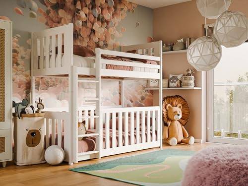 Arthauss Solid Pine Wood Children's Bunk Beds with Ladder in White Matt - Convertible Into Two Singles, Space-Saving Design, Includes Safety Guard, Suitable for Kids Aged 8 M and Above