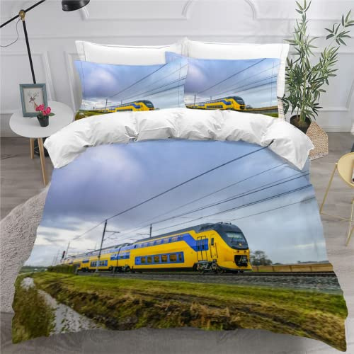 SK-YBB Bettwäsche Set 135x200 Zug Eisenbahn Bettwäsche für Kinder Junge 3 Teilig 3D Elektrische Lok Zug Lokomotive Kinderbettwäsche 135x200 Mit Reißverschluss mit 1 Bettbezug 2 Kissenbezügen