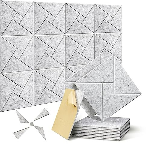 Lot de 12 panneaux acoustiques autocollants, JAMELO 30x30x1cm Mousse acoustique insonorisée avec motif carré panneaux muraux insonorisants haute densité pour bureau, studio à domicile