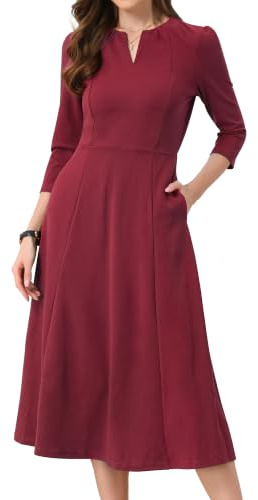 Allegra K Damen 3/4-Ärmeln A-Linie Business Kleid Arbeit Midikleid | Elegante Kleider mit Taschen, V-Ausschnitt, Kakadail-Party, Kirche, Beerdigung, Outfits, Frühling, Herbst, Winter