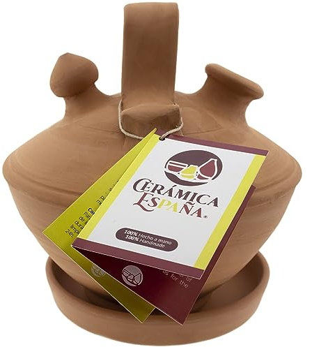 CERÁMICA ESPAÑA | Botijo de Barro Rojo Tradicional español | Botijo Arcilla roja achatado | 100% Hecho a Mano | 3 litros | Eco | Plato Incluido