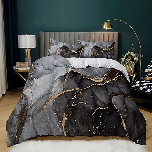 XCQHZYQ Bettwäsche-Sets Schwarzer Marmor Bettwäsche 180x200 cm Weiche Mikrofaser Allergiker 3 Teilig Bettbezug mit Reißverschluss für Teenager Erwachsene