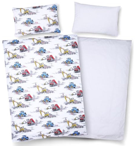 PinkZebra Kinderbettwäsche doppelseitig: Decke 100 x 135 cm + Kissen 40 x 60 cm mit Reißverschluss, für Jungs aus 100% Baumwolle, Öko-Tex Standard 100, Made in EU, Bagger