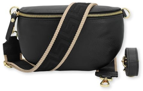 BRISE Bauchtasche Damen Echtleder SAHEL Gold Handgemachte Umhängetasche Crossbody Bag Hüfttasche mit Ledergurt + Optionalen Breiten Gemusterten Riemen Gürteltasche Made in Italy (Schwarz-Gold 3)