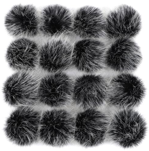 12 Stk 10-11cm Kunstfell Pompons, Kunstfell Bommeln zum Basteln, Künstliche Fellbommel Flauschige Bommel Pom Pom zum Basteln DIY Handwerk Mützen Handschuhe Tasche Anhängern Dekor,Frostiges Schwarz