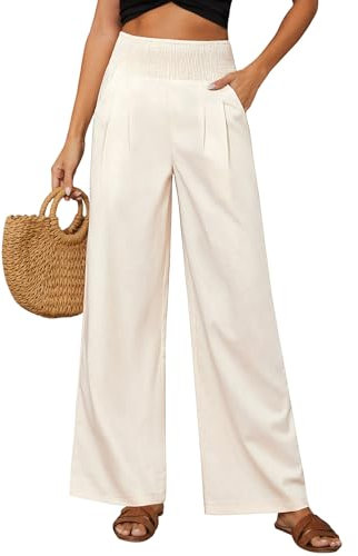 PASUDA Damen Leinenhose Sommer Hose Weites Bein Baumwolle Leinen Sommerhose Elastisch Hohe Taille Freizeithose Strandhose Lang Leichte Loose Boho Hosen mit Taschen Bequeme Stoffhose (Beige, XL)