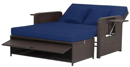 COSTWAY Garden Rattan Daybed, 4-Level Adjustable Patio Wicker Loveseat Sofa Bed Sun Lounger with Storage Ottoman, Retractable Tray & Cushions, Outdoor Double Conversation Furniture (Navy+Mix Brown)