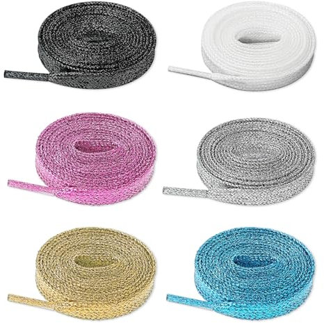Teaaha Lot de 6 paires de lacets plats à paillettes - Lacets élastiques extensibles - Couleurs solides - Lacets plats pour chaussures de sport, skate, bottes de sport, 110 cm, Blanc/noir/or rose/or