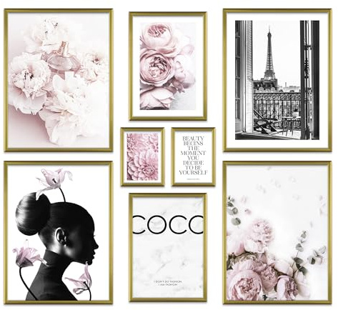 ARTFAVES® Poster Set - COCO - mehrteilige Wanddeko Wohnzimmer & Schlafzimmer - 8 moderne Wandbilder Rose, Fashion, rosa, pink, Glamour, Lifestyle, Blumen, Parfum, Mädchen - mit Rahmen Gold