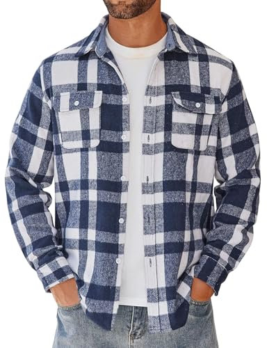 COOFANDY Chemise à carreaux à manches longues pour homme - Chemise boutonnée en flanelle à carreaux - Chemise décontractée avec poche, Plaid bleu blanc, M