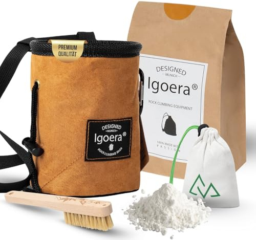 IGOERA Boulder Set mit Chalkbag, Boulder-Bürste & Chalkball – Kletterzubehör Set für Bouldern & Klettern – Magnesiumbeutel mit Fleece-Futter, Wildschweinborsten-Bürste & Chalkball aus Baumwolle