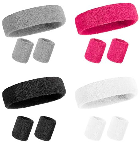 Sportschweißbänder Set, 12 Stück, Stirnbänder und Armbänder, Baumwolle, saugfähig, für Fitnessstudio, Fußball, Fußball, Laufen, Übung, Tennis, Basketball, 80er Jahre Faschingskostüme