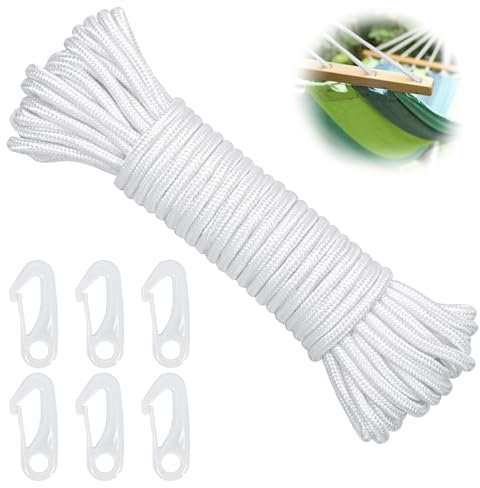 Nylon Flag Rope, 15M 6mm Double Braided Nylon Flagpole Line Rope, Nylon Flag Pole Rope with 6 Hook Clips for Outdoor Hanging Clothes Bundled Sailing Rigging Garden Camping
