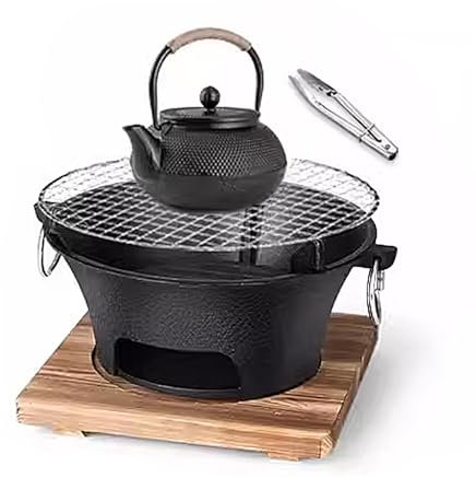 Mini Poele a Bois, Poêle À Bois en Fonte avec Anneau de Traction, Réchauds de Camping avec Bouilloire Pince Base en Bois pour Le Chauffage et La Cuisines Noir(27 * 27 * 13cm)