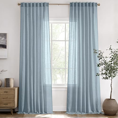 ANRODUO Halbtransparente Leinen-Vorhänge, 244 cm lang, für Schlafzimmer, Wohnzimmer, Lichtfilterung, Stangentasche, Rücklasche, weich, neutral, Bauernhaus-Dekor, 2 Paneele, B 132 x L 244 cm, Steinblau