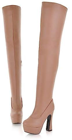 Stivali Sopra Il Ginocchio Con Tacco Alto E Plateau Da Donna, Punta Tonda, Cerniera, Stivali Alti Aderenti, In Pelle Sintetica Elasticizzata, Scarpe Eleganti Con Tacco A Blocco (Marrone 47 Eu)