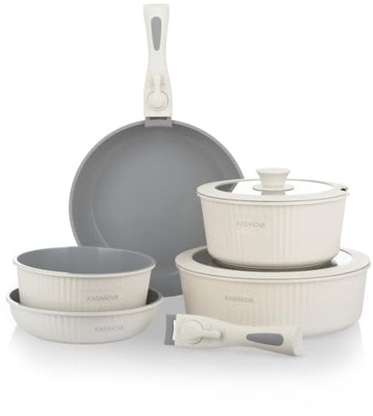 KASANOVA 9 ollas y sartenes con mango desmontable, revestimiento antiadherente de cerámica, juego antiadherente apilable, apto para horno, apto para inducción, sin PTFE, PFAS, PFOA, plomo, cadmio,