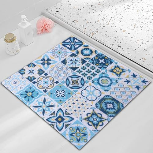 OPLERT Tapis de Douche antidérapant, Confort Doux, Tapis de Bain à séchage Rapide, Tapis de Douche en PVC Loofah, avec Trous de Drainage pour la Salle de Bain,Bleu,60x60cm
