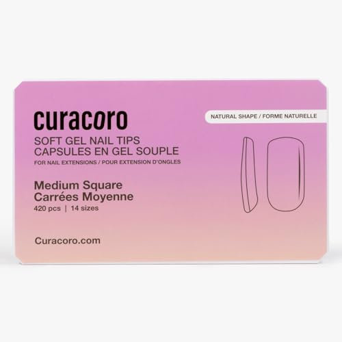 Curacoro Natural Nail Soft Gel Tips - 420Pcs Soft Extension Tips, 14 Sizes Clear Full Cover Acrylic Gel Tip, Long-Lasting Salon Quality, Easy to Wear & Natural Look (Square, Medium)