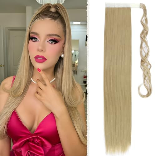 Benehair Lang Glattes Pferdeschwanz Haarteil Synthetik Haarverlängerung Zopf Ponytail Extension Haarteil Zopf Gebleichtes Blond Haar Extension für Damen Mädchen Gebleichtes Blond 66cm