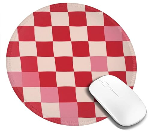 Woltant Tapis de souris rond à motif damier rose rouge avec surface lisse avec base en caoutchouc antidérapant, petit tapis de souris pour jeu, bureau, maison
